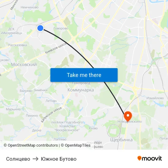 Солнцево to Южное Бутово map