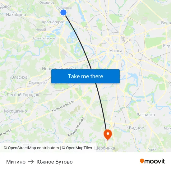 Митино to Южное Бутово map