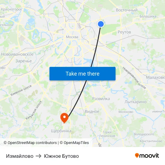 Измайлово to Южное Бутово map