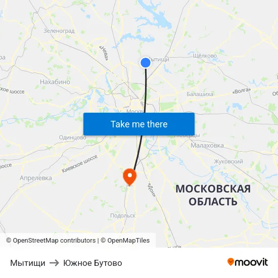 Мытищи to Южное Бутово map