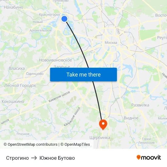 Строгино to Южное Бутово map
