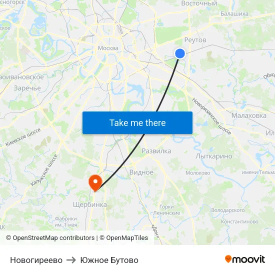 Новогиреево to Южное Бутово map