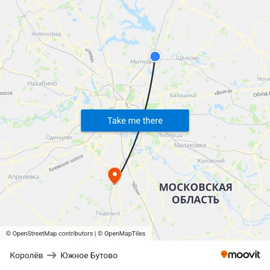 Королёв to Южное Бутово map