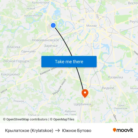 Крылатское (Krylatskoe) to Южное Бутово map