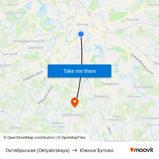 Октябрьская (Oktyabrskaya) to Южное Бутово map