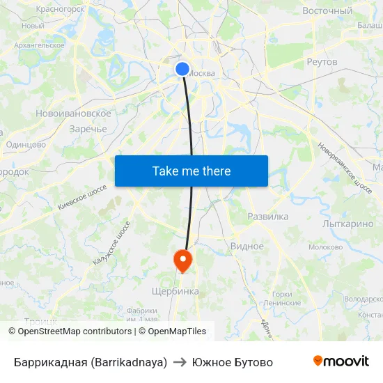 Баррикадная (Barrikadnaya) to Южное Бутово map
