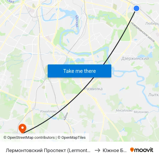 Лермонтовский Проспект (Lermontovsky Prospekt) to Южное Бутово map