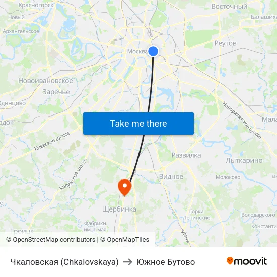 Чкаловская (Chkalovskaya) to Южное Бутово map