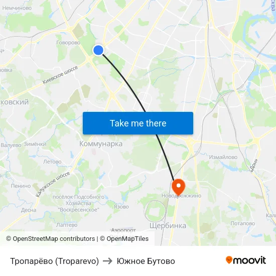 Тропарёво (Troparevo) to Южное Бутово map