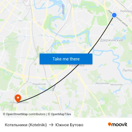 Котельники (Kotelniki) to Южное Бутово map