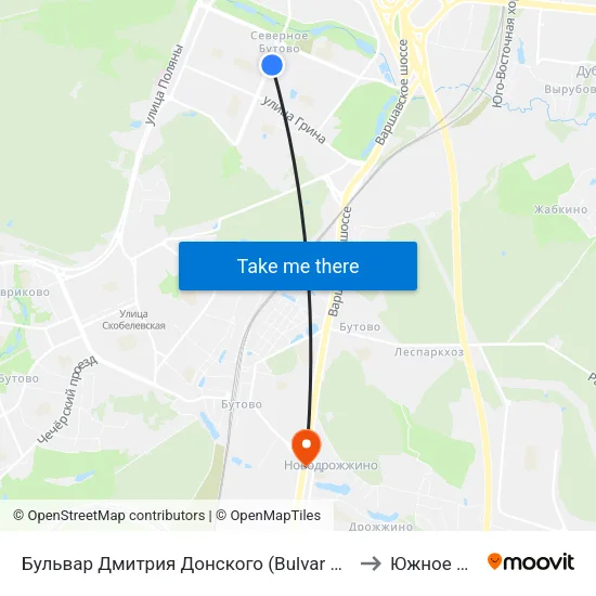 Бульвар Дмитрия Донского (Bulvar Dmitriya Donskogo) to Южное Бутово map