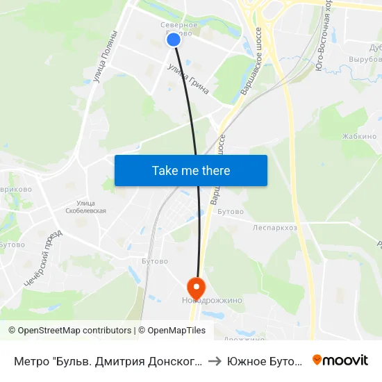 Метро "Бульв. Дмитрия Донского" to Южное Бутово map