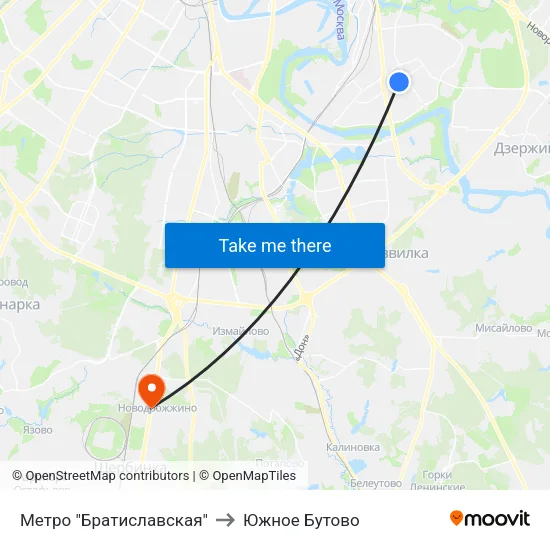 Метро "Братиславская" to Южное Бутово map