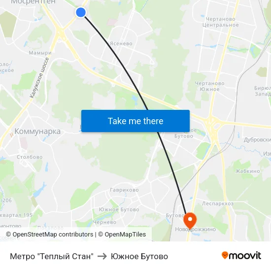 Метро "Теплый Стан" to Южное Бутово map