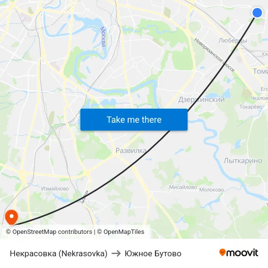 Некрасовка (Nekrasovka) to Южное Бутово map