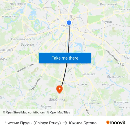 Чистые Пруды (Chistye Prudy) to Южное Бутово map
