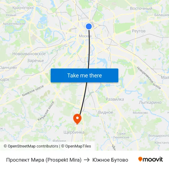 Проспект Мира (Prospekt Mira) to Южное Бутово map