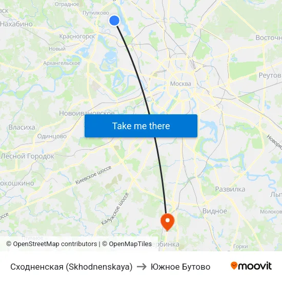 Сходненская (Skhodnenskaya) to Южное Бутово map
