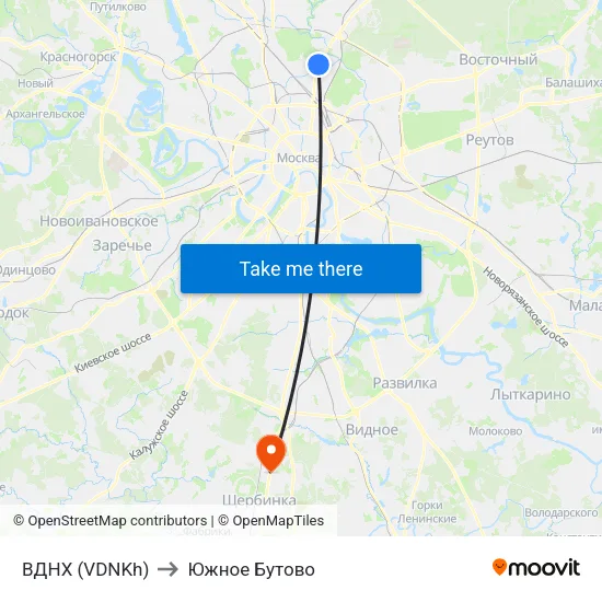 ВДНХ (VDNKh) to Южное Бутово map