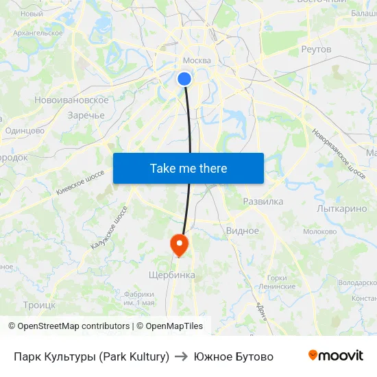 Парк Культуры (Park Kultury) to Южное Бутово map