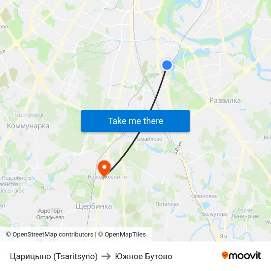 Царицыно (Tsaritsyno) to Южное Бутово map