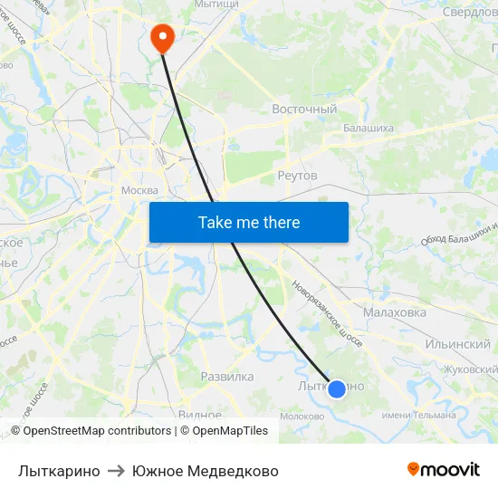 Лыткарино to Южное Медведково map