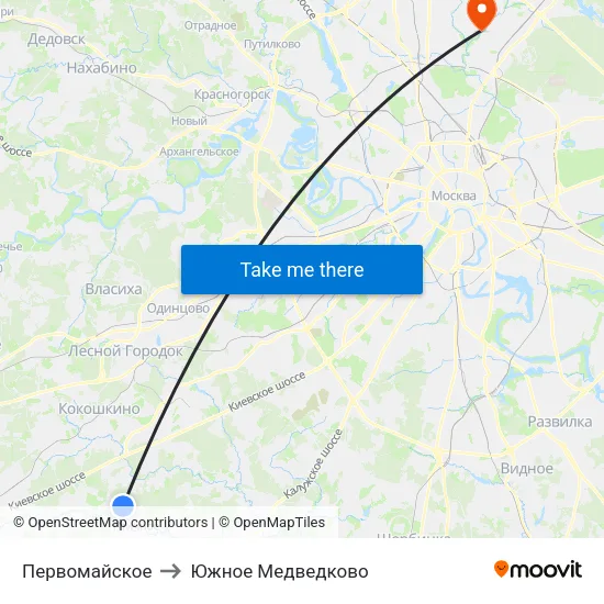 Первомайское to Южное Медведково map