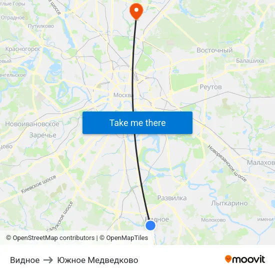 Видное to Южное Медведково map
