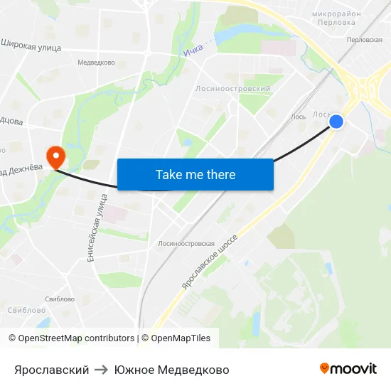 Ярославский to Южное Медведково map