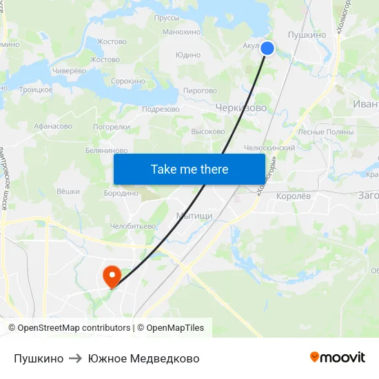 Пушкино to Южное Медведково map