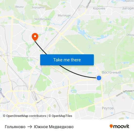 Гольяново to Южное Медведково map