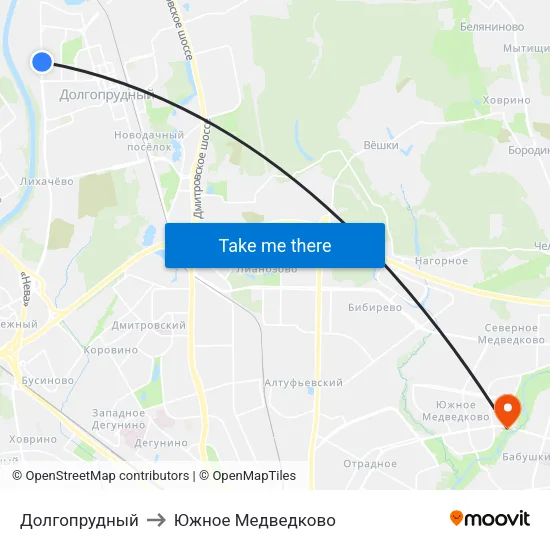 Долгопрудный to Южное Медведково map