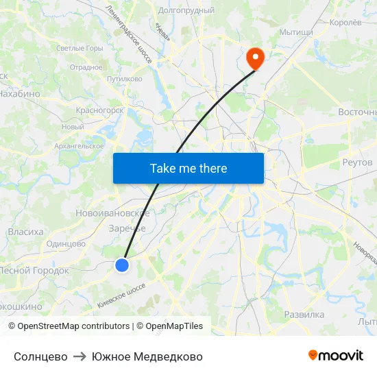 Солнцево to Южное Медведково map