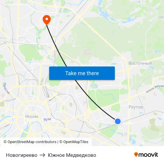 Новогиреево to Южное Медведково map