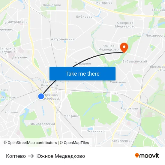 Коптево to Южное Медведково map