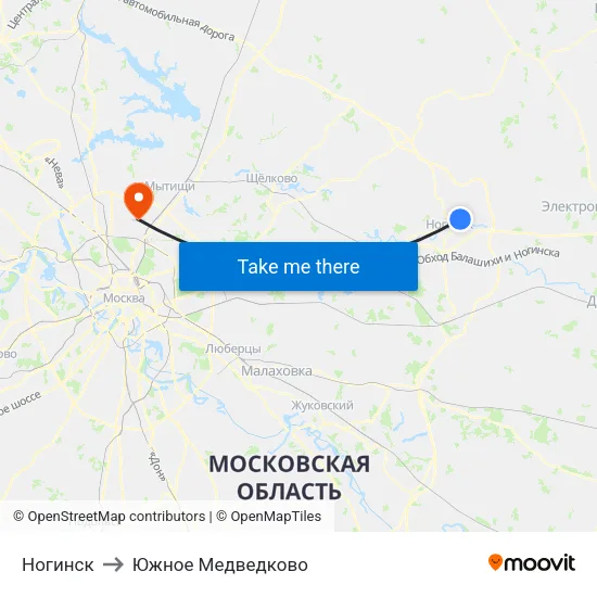 Ногинск to Южное Медведково map