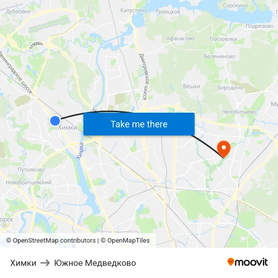Химки to Южное Медведково map