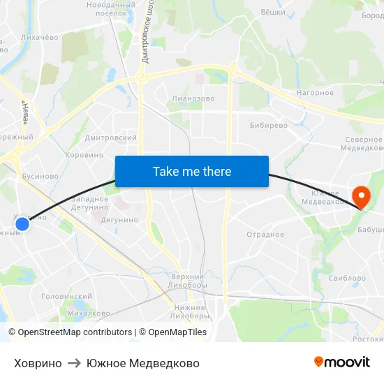 Ховрино to Южное Медведково map