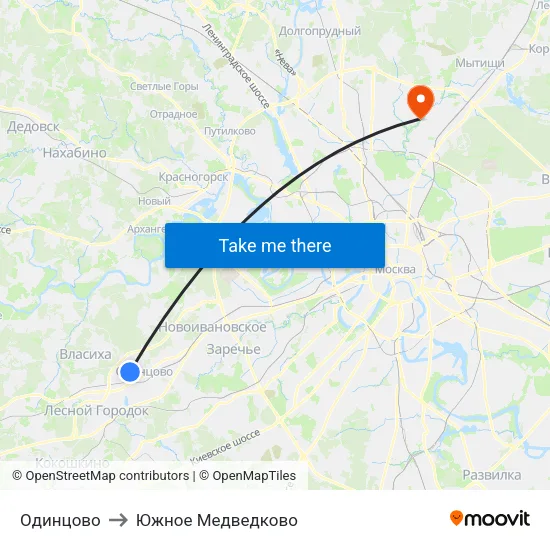 Одинцово to Южное Медведково map