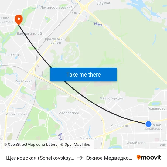 Щелковская (Schelkovskaya) to Южное Медведково map