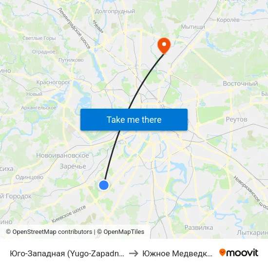 Юго-Западная (Yugo-Zapadnaya) to Южное Медведково map
