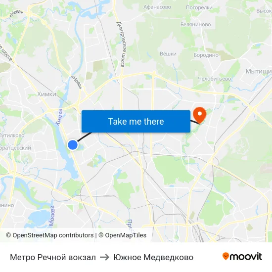 Метро Речной вокзал to Южное Медведково map