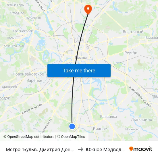 Метро "Бульв. Дмитрия Донского" to Южное Медведково map