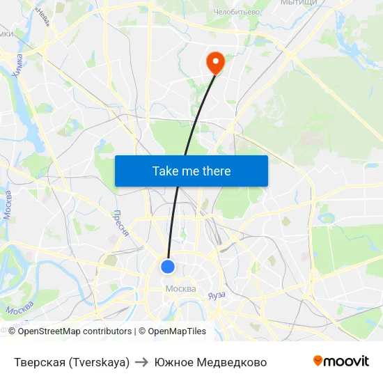 Тверская (Tverskaya) to Южное Медведково map