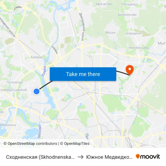 Сходненская (Skhodnenskaya) to Южное Медведково map