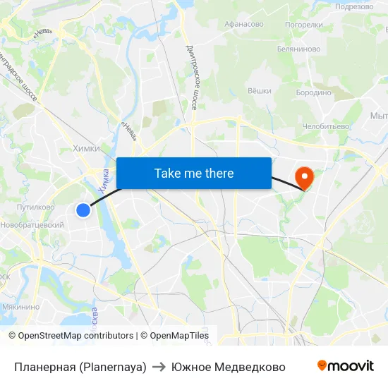 Планерная (Planernaya) to Южное Медведково map