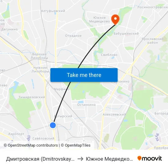 Дмитровская (Dmitrovskaya) to Южное Медведково map