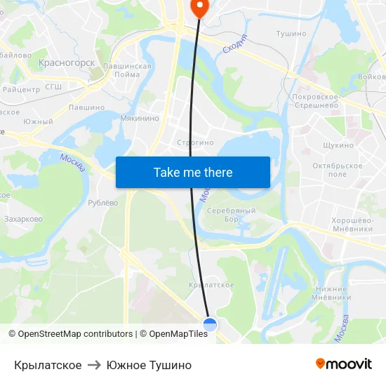 Крылатское to Южное Тушино map