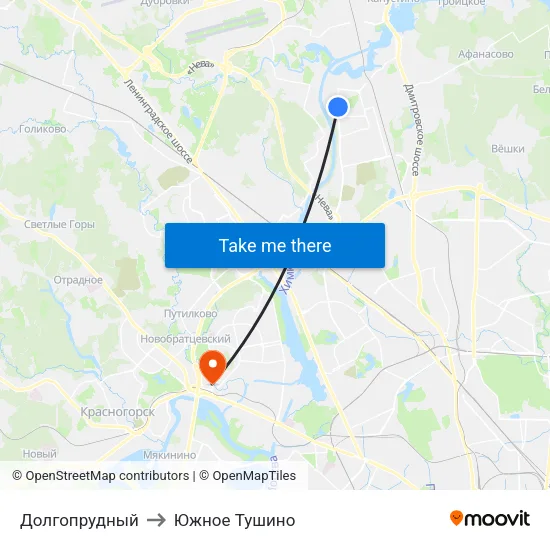 Долгопрудный to Южное Тушино map