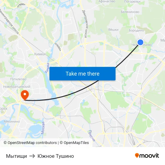 Мытищи to Южное Тушино map